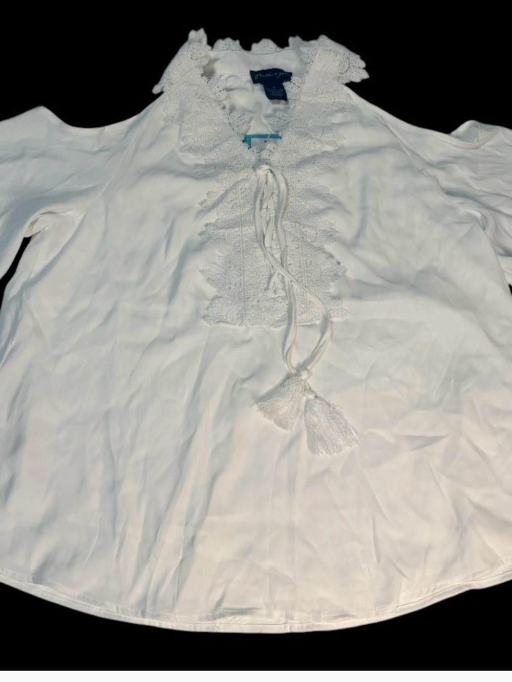 White Cold-Shoulder Lace-Tie Blouse - Picture 2 of 5